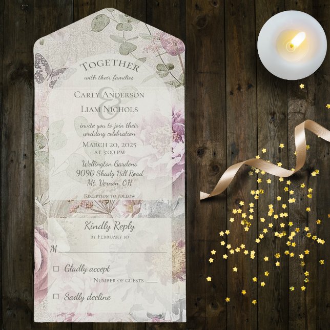 Vintage Wildflowers with Butterfly All In One Invitation (Also available with QR code)