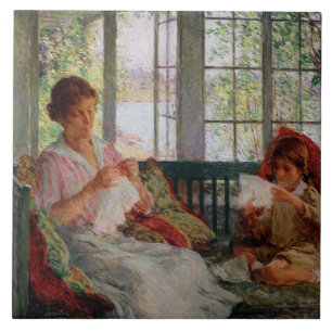 Vintage Willard Metcalf My Wife and Daughter Tile