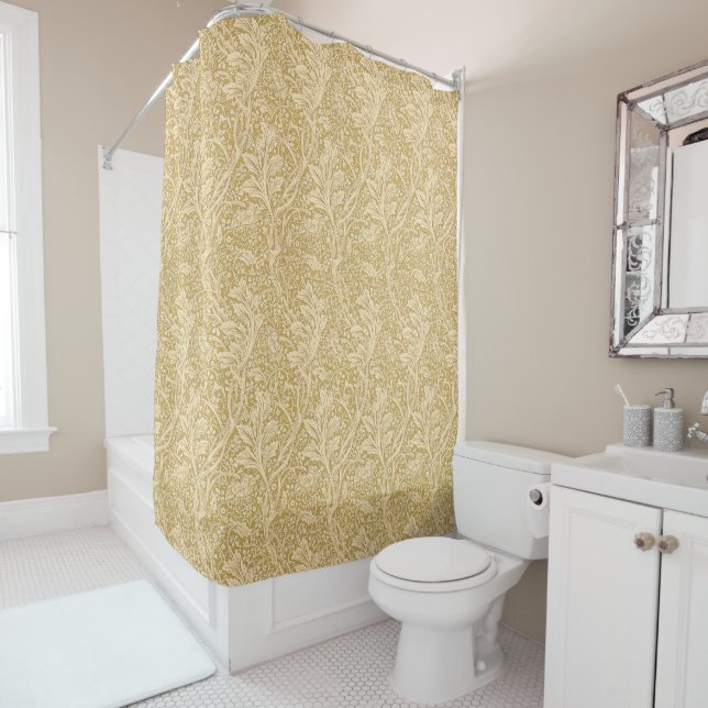 Vintage William Morris Arcadia Gold Seamless Shower Curtain (In Situ)