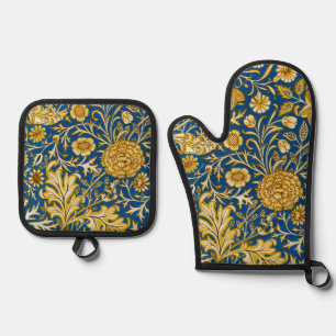 Vintage William Morris Cherwell Blue Floral Art Oven Mitt & Pot Holder Set