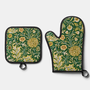 Vintage William Morris Cherwell Green Floral Art Oven Mitt & Pot Holder Set