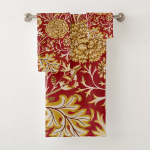 Vintage William Morris Cherwell Red Floral Art Bath Towel Set