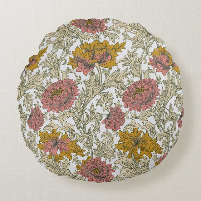 Vintage William Morris Chrysanthemum Pattern Round Cushion (Front)