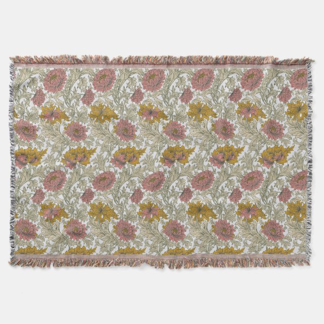 Vintage William Morris Chrysanthemum Pattern Throw Blanket (Front)