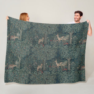 Vintage William Morris Greenery Forest Animals Fleece Blanket