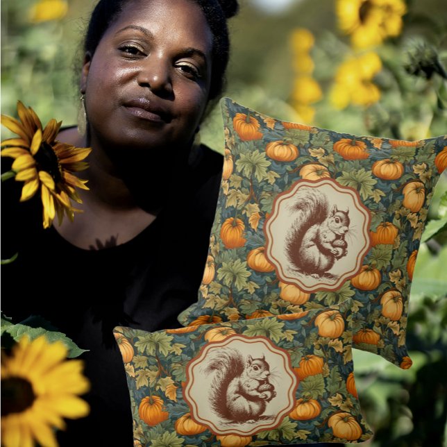 Vintage William Morris Pumpkins with Squirrel   Cushion (Vintage squirrel in a pumpkin patch...too cute!)