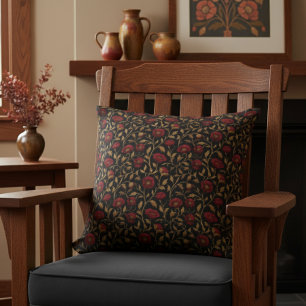 Vintage William Morris Red Gold Poppy Floral Cushion