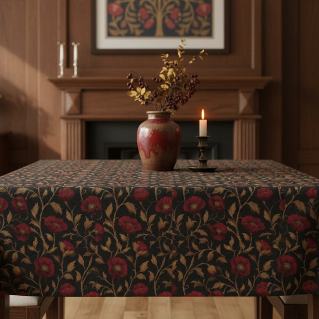 Vintage William Morris Red Gold Poppy Floral Tablecloth (Creator Uploaded)