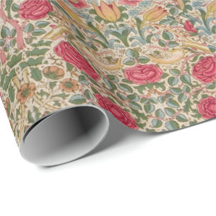Vintage William Morris Rose Pink Yellow Bird Flor Wrapping Paper