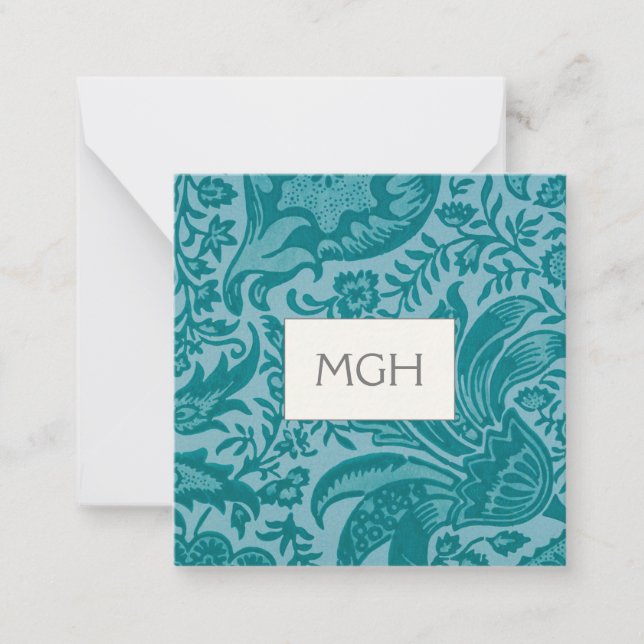 Vintage William Morris Teal Botanical Monogram Card (Front)