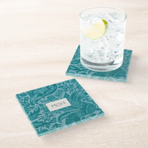 Vintage William Morris Teal Botanical Monogram Glass Coaster