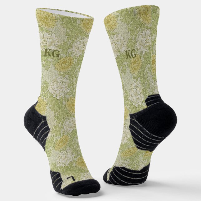 Vintage William Morris Yellow Green Chrysanthemum Socks (Angled)