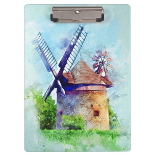Vintage Windmill Watercolor Painting Clipboard