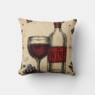 Vintage Wine Bottle and Glass Rustic Vineyard Cushion