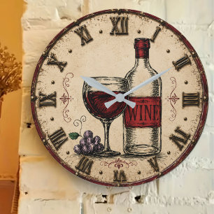 Vintage Wine Bottle and Glass Rustic Vineyard Large Clock