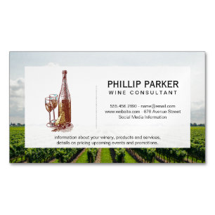 Vintage Wine Bottle and Glasses   Vineyard  Magnetic Business Card
