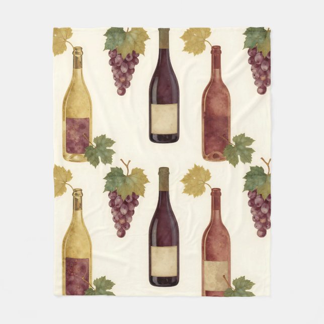 Vintage Wine Bottle Grapevine Pattern Fleece Blanket (Front)