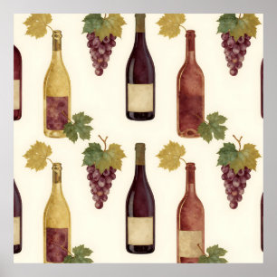 Vintage Wine Bottle Grapevine Pattern Poster
