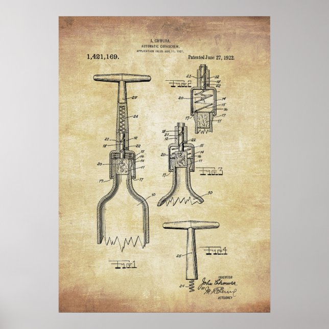Vintage Wine Corkscrew Patent Poster (Front)
