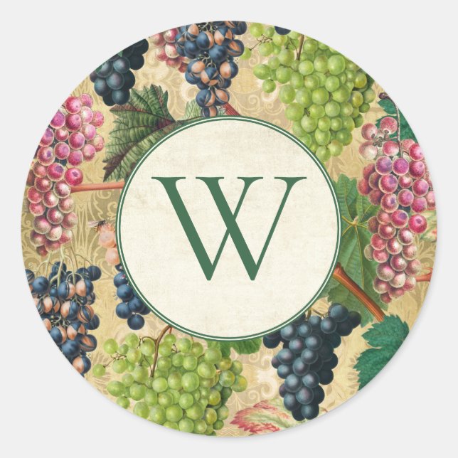 Vintage Wine Grapes Monogram Classic Round Sticker (Front)