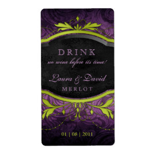 Vintage Wine Label Leaf Swirls Antique Lime Purple