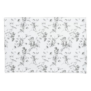 Vintage Winged Cherub Angels Flowers Grey Toile Pillowcase