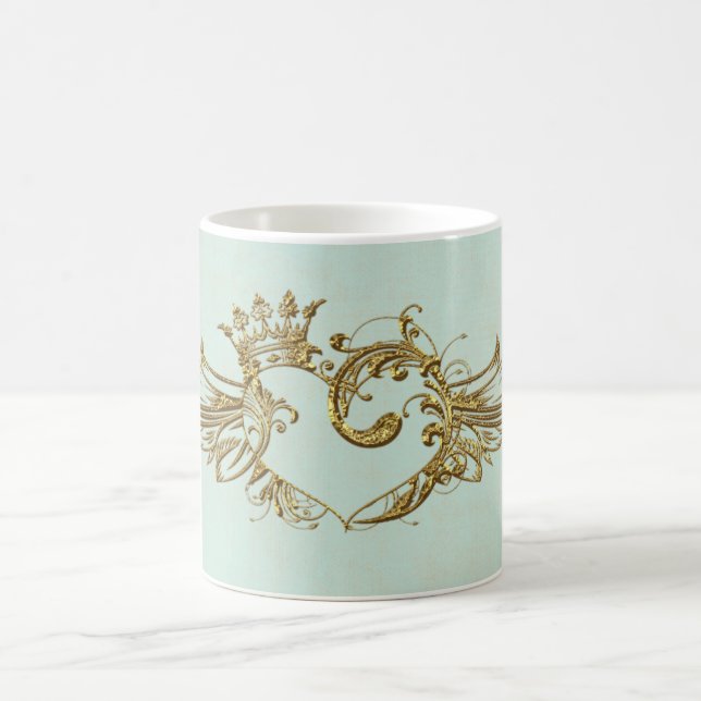 Vintage Winged Heart Aqua Cream Coffee Mug (Center)
