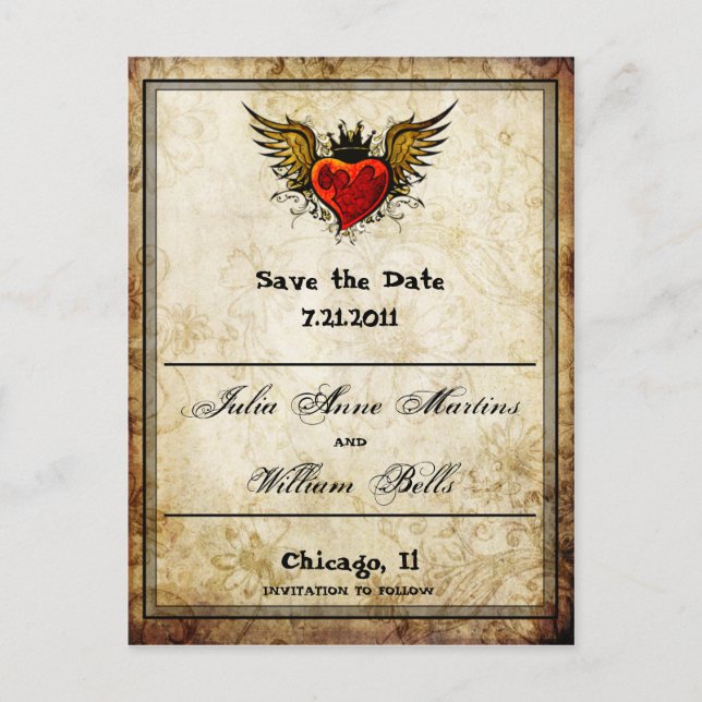 Vintage Winged Heart Save the date Postcards (Front)