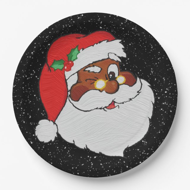 Vintage Winking Black Santa Pop Art Paper Plate (Front)