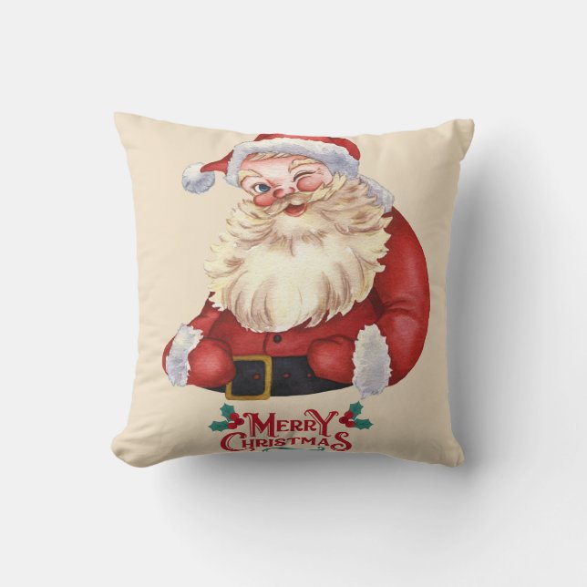 Vintage Winking Santa Merry Christmas Pillow (Front)