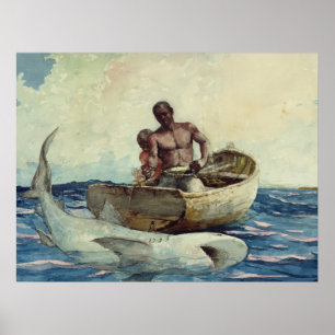 Vintage Winslow Homer Watercolor Shark Fishing Poster