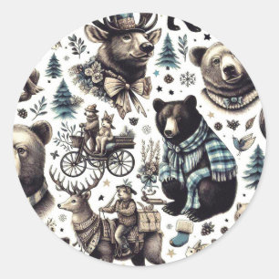 Vintage Winter Animals Pattern Classic Round Sticker