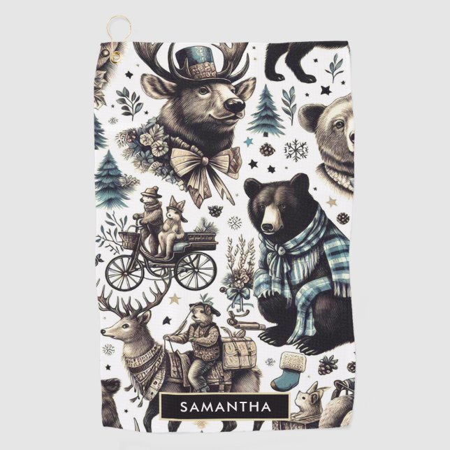 Vintage Winter Animals Pattern Golf Towel (Front)