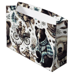Vintage Winter Animals Pattern Large Gift Bag