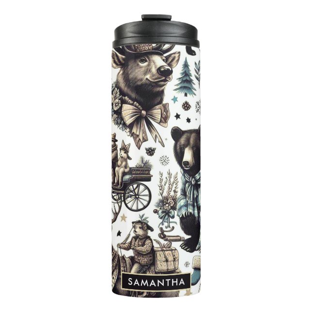 Vintage Winter Animals Pattern Thermal Tumbler (Front)