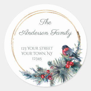 Vintage Winter Bird Pine Address Classic Round Sticker