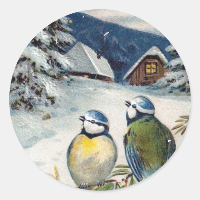 Vintage Winter Birds Classic Round Sticker (Front)