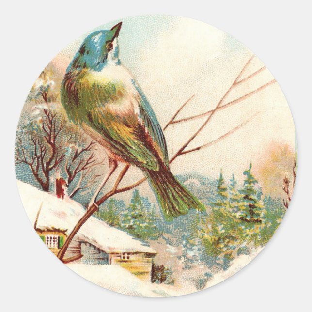 Vintage Winter Blue bird Classic Round Sticker (Front)