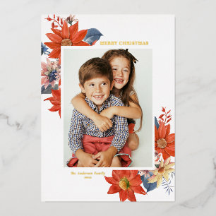 Vintage Winter Botanicals Photo Merry Christmas Foil Holiday Card