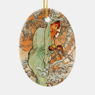 Vintage Winter by Alphonse Mucha Ceramic Tree Decoration