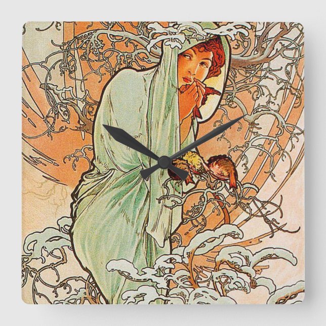 Vintage Winter by Alphonse Mucha Square Wall Clock (Front)