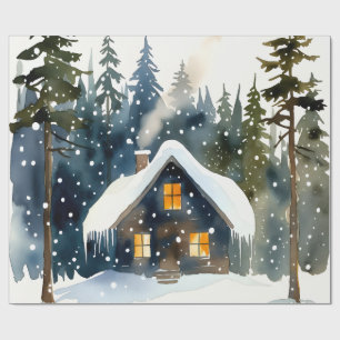 Vintage Winter Cabin Watercolor Christmas Wrapping Paper