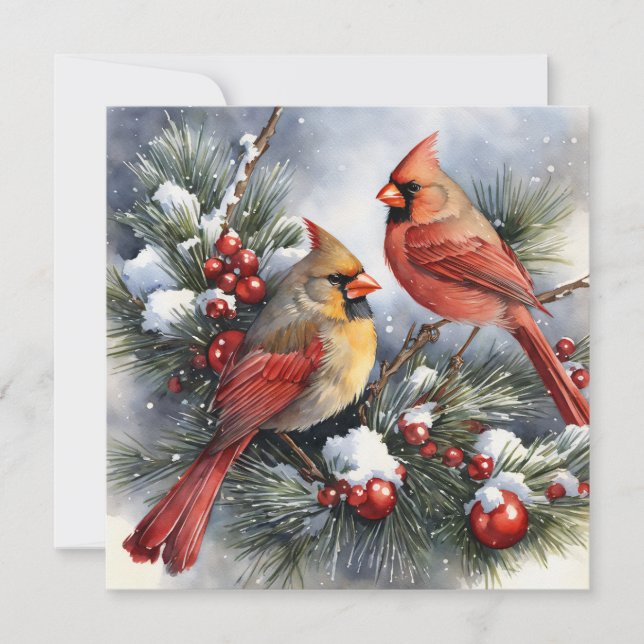 Vintage Winter Cardinal Birds Snowy Christmas Flat Card (Front)