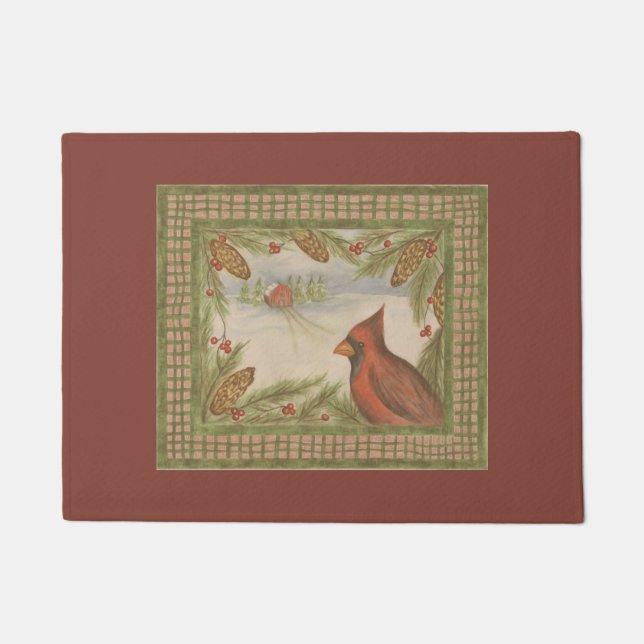 Vintage Winter Cardinal Doormat  (Front)