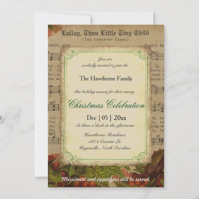 Vintage Winter Carol Music Sheet Christmas Party Invitation (Front)