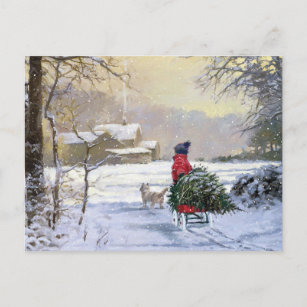 Vintage Winter Child Bringing Home The Tree Postcard