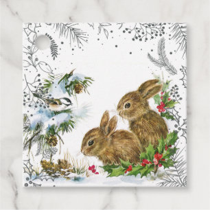 Vintage Winter Christmas Bunnies and Holly Favour Tags