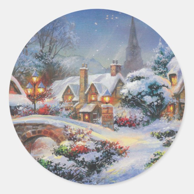 Vintage Winter Christmas Village Classic Round Sticker (Front)