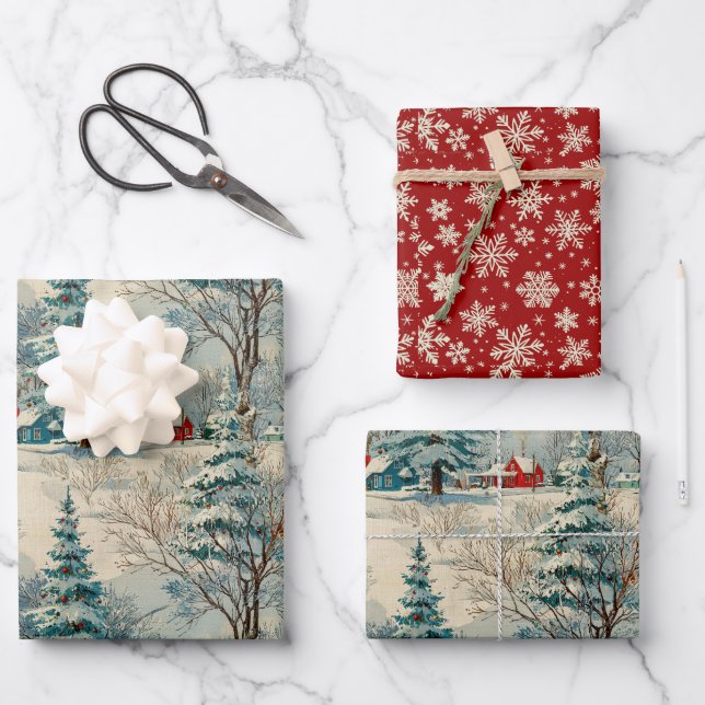 Vintage Winter Christmas Village II Wrapping Paper Sheet (Front)
