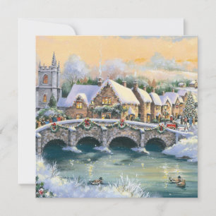 Vintage Winter Christmas Village Scene Holiday Card